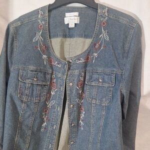 CJ Banks Blue Denim Jacket with Red Floral Embroidery